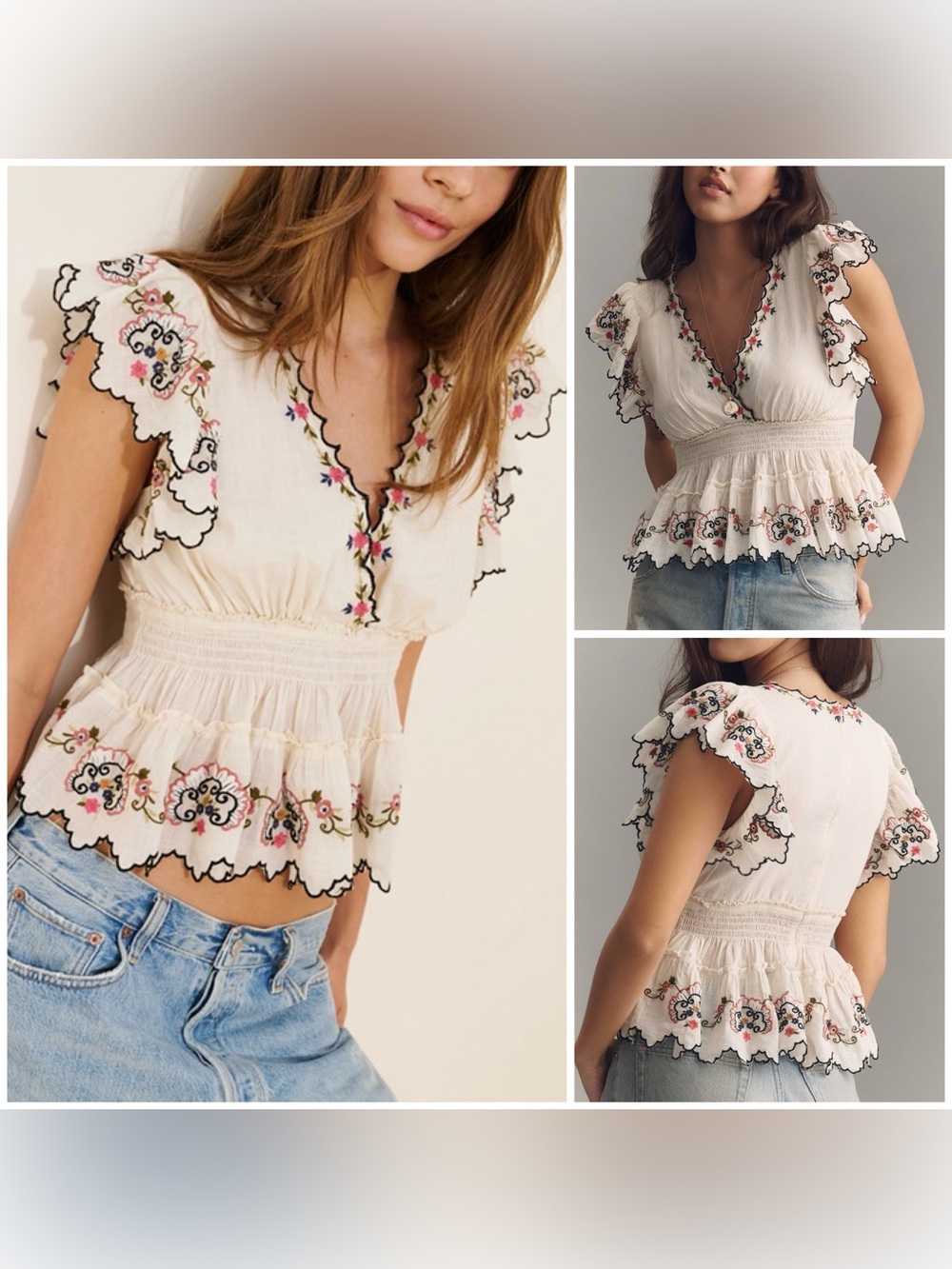 NWOT Anthropologie By Anthropologie Embroidered Flutter-Sleeve Top - ivory - S